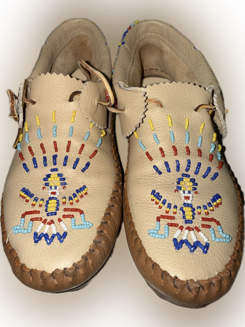 Beaded Leather Moccasins in Beige with Multicolor Native-Inspired Beadwork